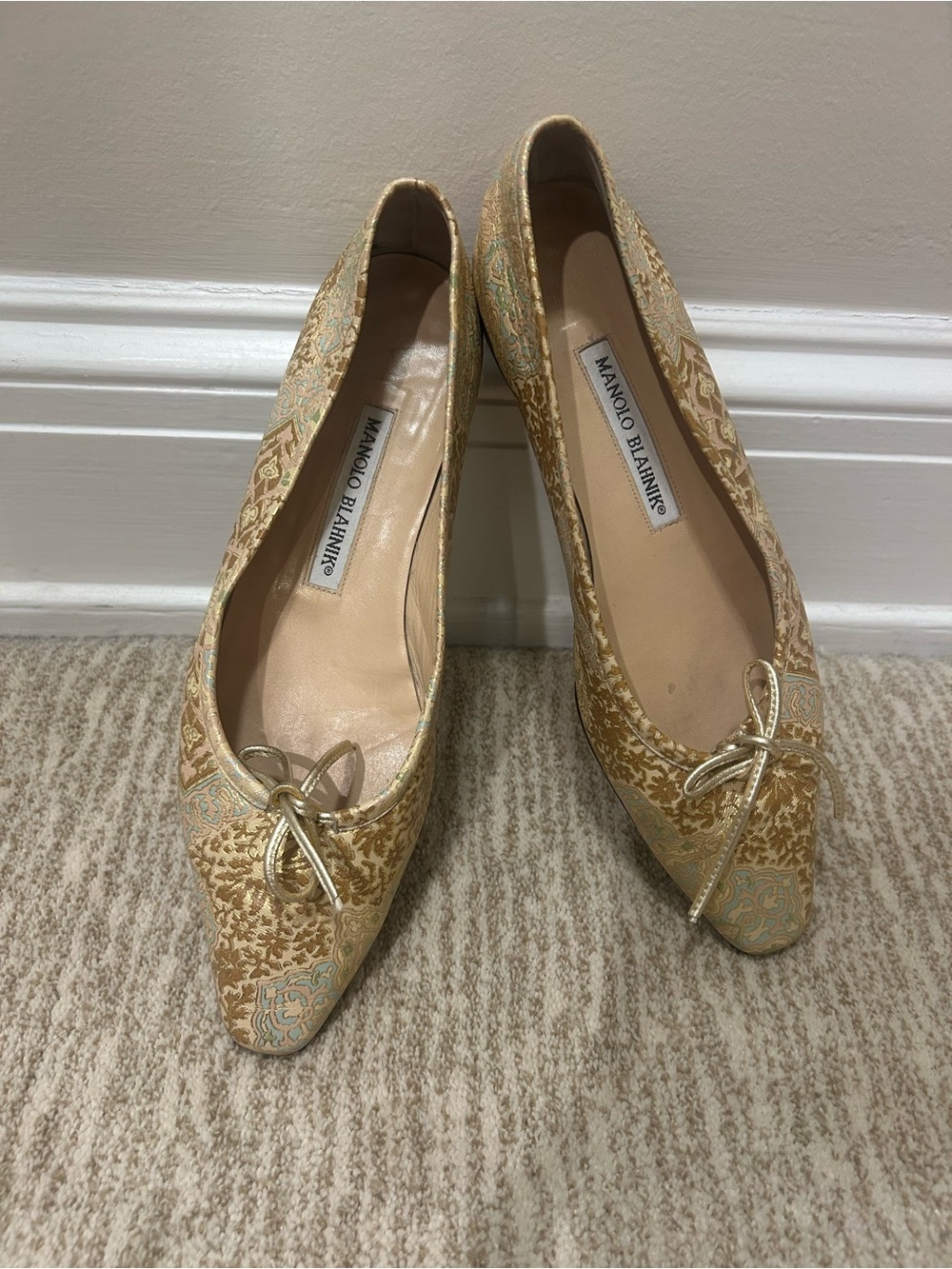 Manolo Blahnik Gold Brocade Pointed Toe Flats with Metallic Bow